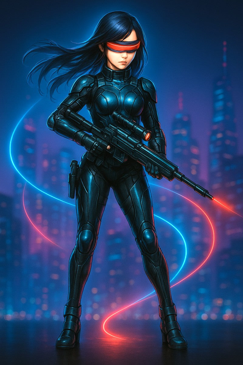 Cyberpunk Anime Girl Poster Neon City Sniper Wall Art Futuristic Sci Fi Print Gift for Gamers and Anime Lovers