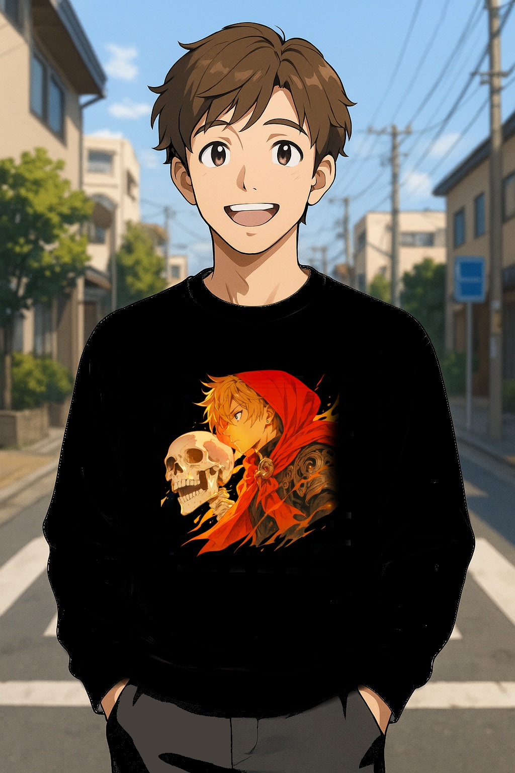 Anime Long Sleeve Shirt – Fiery Skull & Red Hood Warrior Art | Cool Anime Streetwear Tee | Epic Anime Apparel