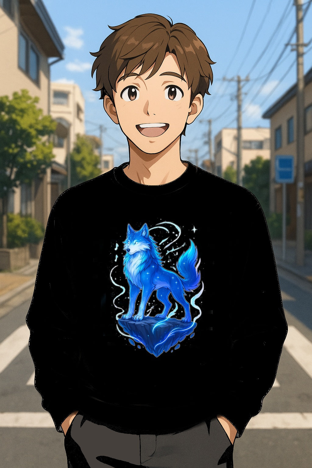 Celestial Wolf Anime Sweatshirt Glow In The Dark Style Blue Spirit Wolf Pullover Cozy Gift For Anime Fans