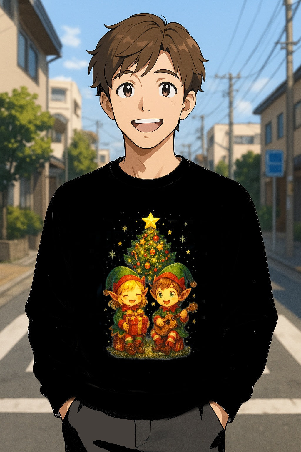 Anime Christmas Tree Sweatshirt Cute Elf Duo Cozy Holiday Gift Winter Apparel for Anime Fans and Gamers