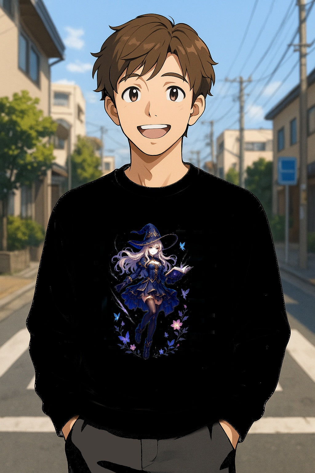 Anime Witch Girl Sweatshirt Purple Magic Butterfly Design Cozy Kawaii Fall Witchcore Gift for Anime Lovers and Gamers