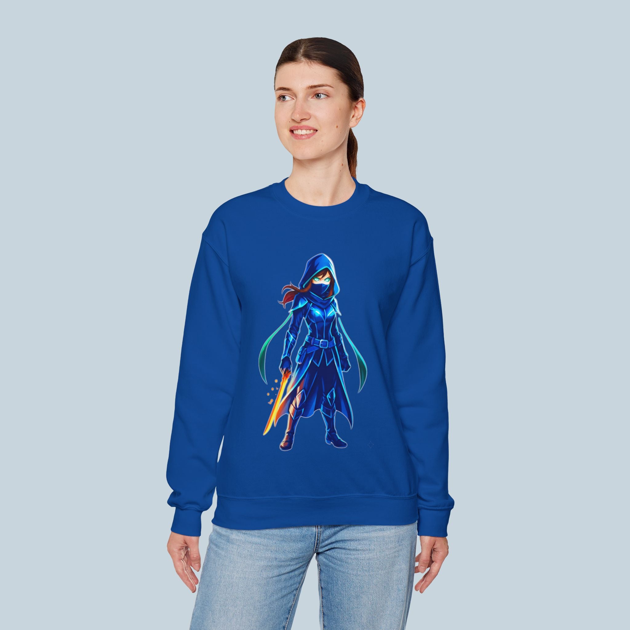 Blue Ninja Anime Sweatshirt Assassin Girl Glow Blade Japanese Streetwear Gift for Gamers and Anime Fans