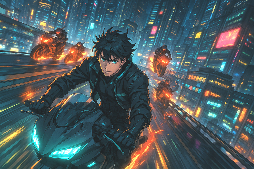 Cyberpunk Anime Poster Futuristic Motorcycle Chase in Neon City