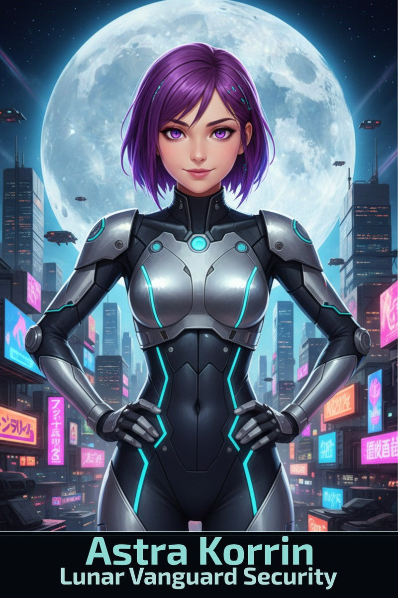 Astra Korrin Anime Poster Cyberpunk Security Girl Lunar City Wall Art Techwear Gift for Anime Fans and Gamers