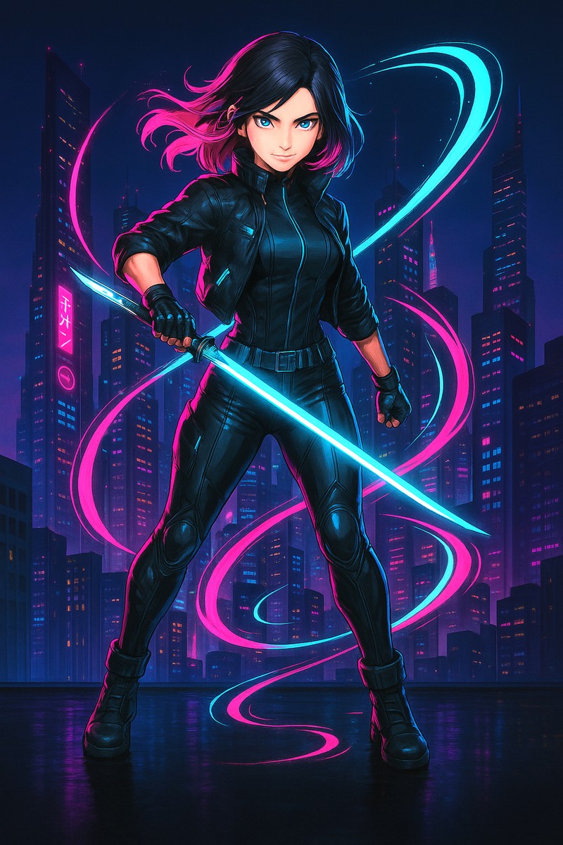 Cyberpunk Anime Girl Poster Neon City Blade Wall Art Futuristic Samurai Aesthetic Print for Gamers and Anime Lovers