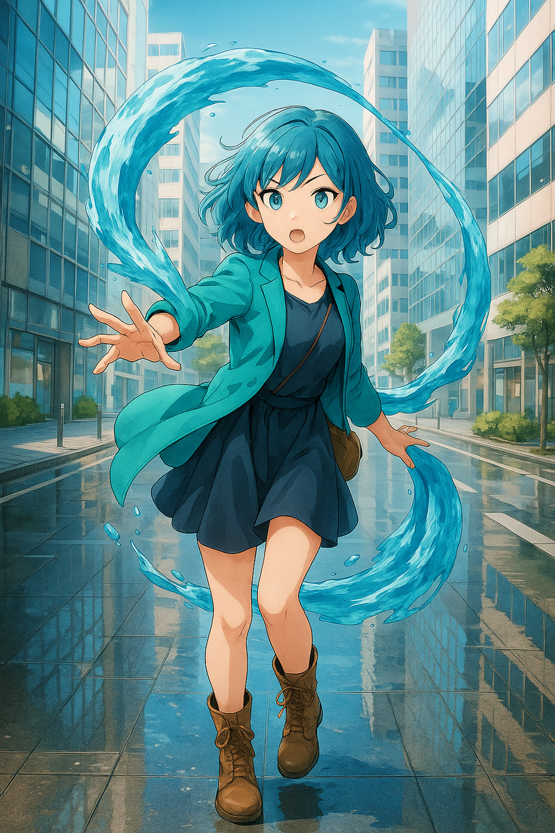 Aqua Spirit Anime Girl Poster | Water Power Wall Art | Elemental Magic Aesthetic | Blue Teal Urban Fantasy Decor | Epic Anime Apparel