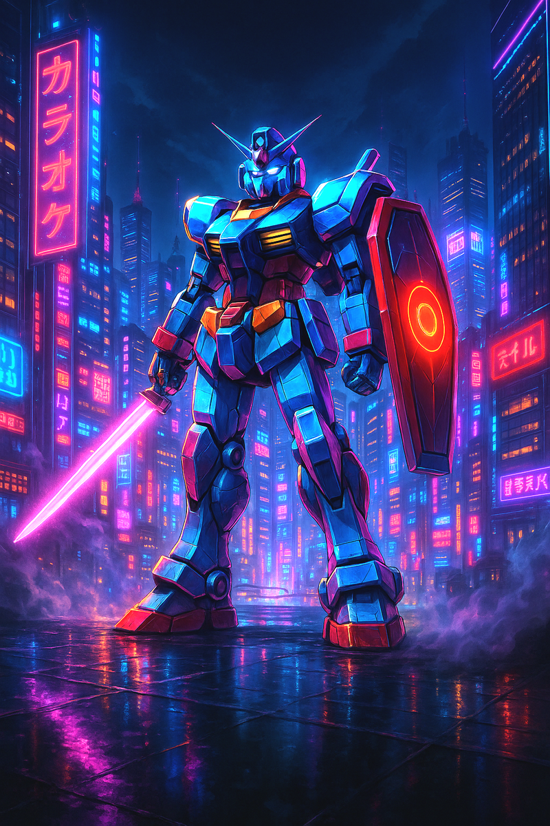 Cyber Mecha Anime Poster | Neon Robot Wall Art | Futuristic Sci-Fi City Print | Mech Warrior Decor | Epic Anime Apparel