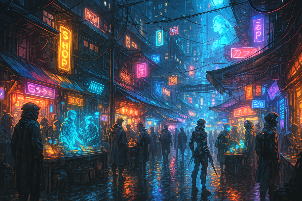 Cyberpunk City Poster Futuristic Anime Street Scene with Neon Lights and Sci Fi Market