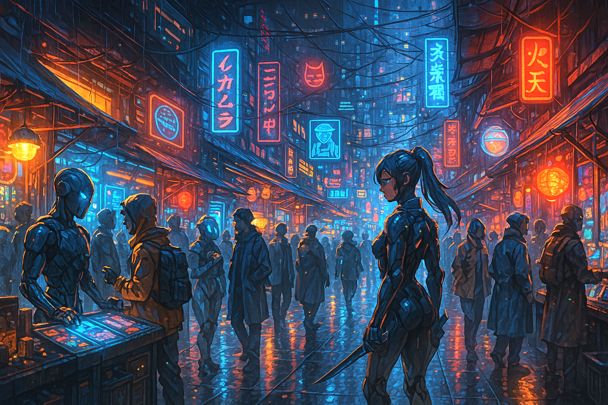Cyberpunk Anime Poster Futuristic Street Scene with Neon Lights and Female Warrior