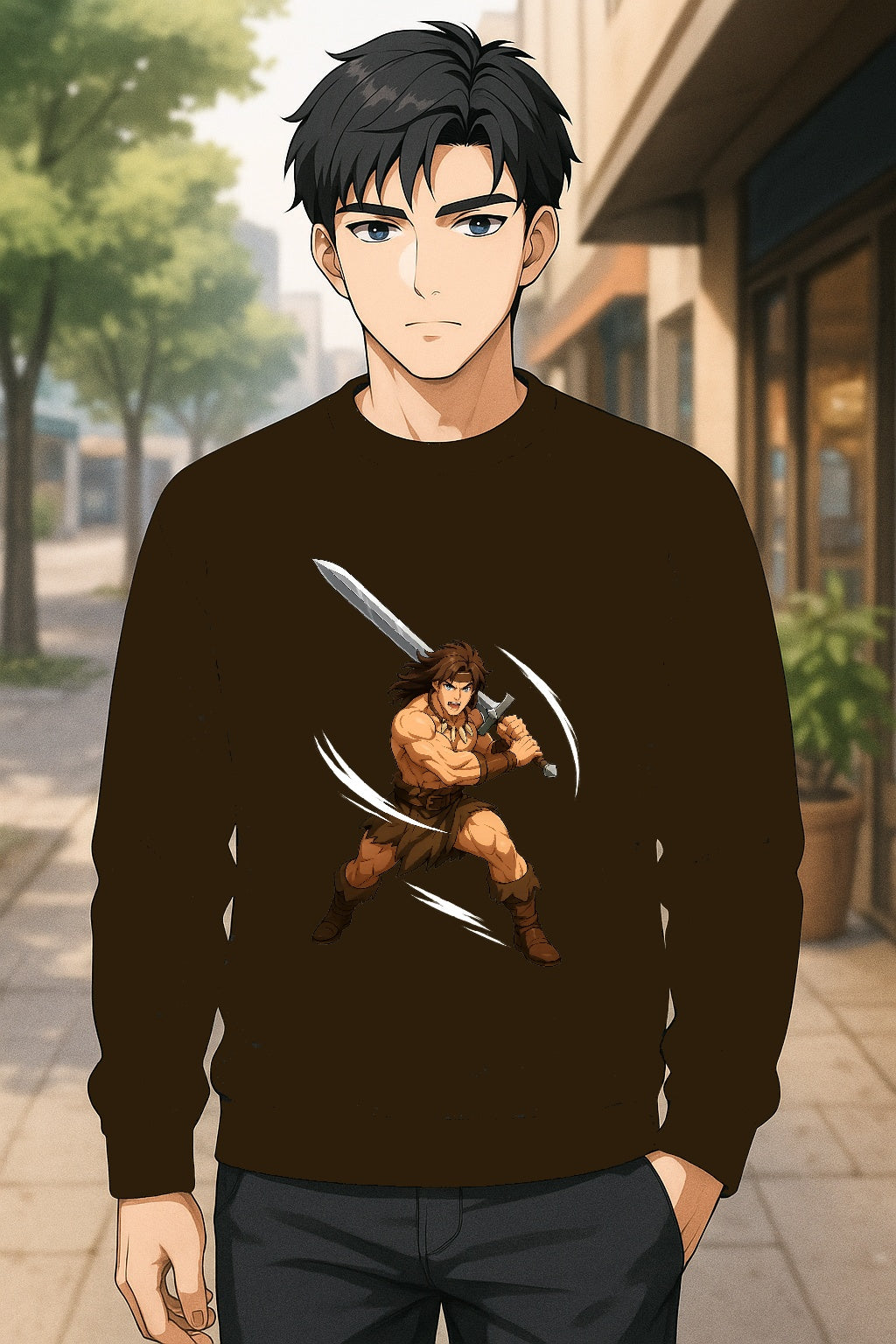 Barbarian Warrior Anime Sweatshirt Muscle Fighter Shirt Mountain Graphic Gift for Anime Fans and Gamers