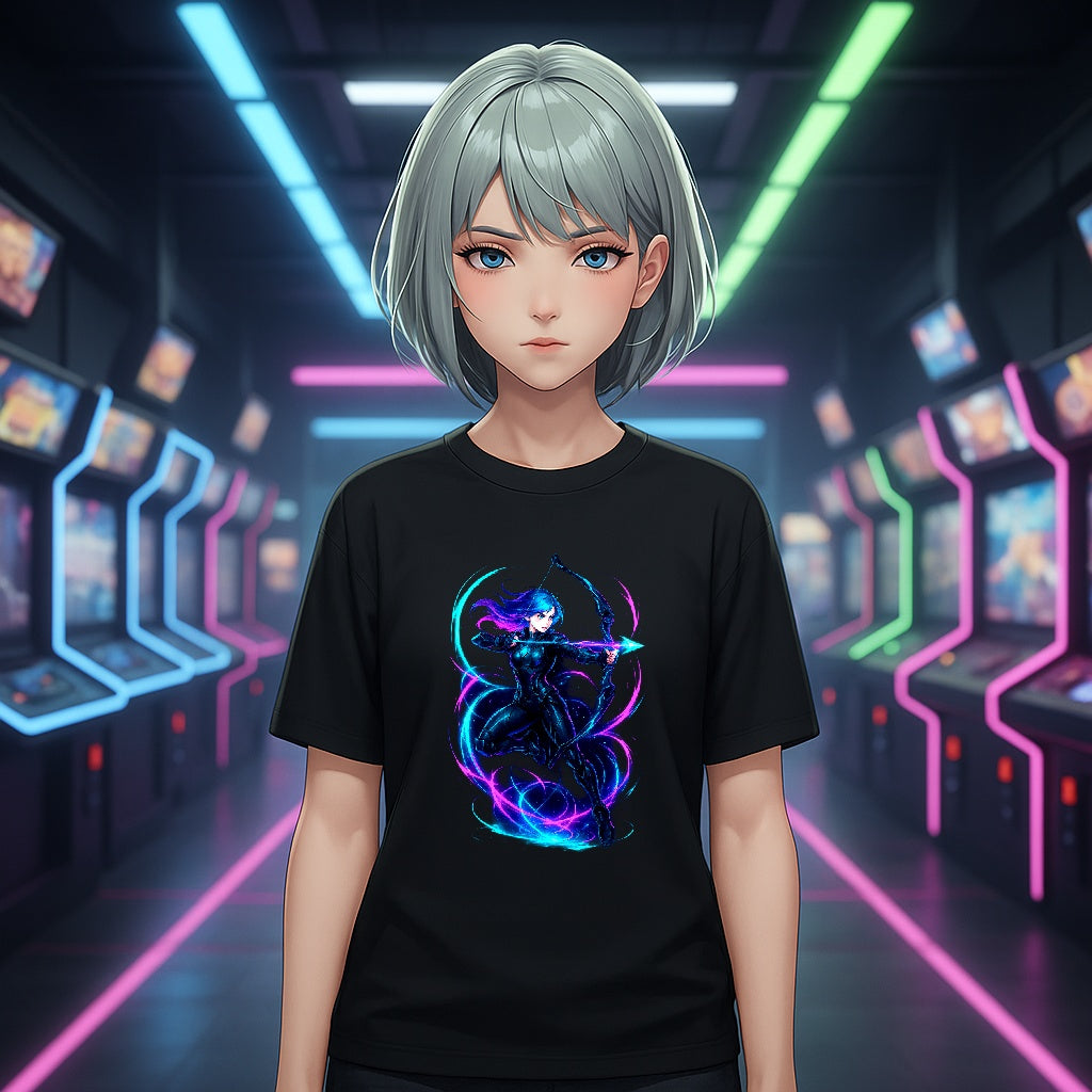 Neon Archer Anime Girl T-Shirt Cyberpunk Streetwear Glow Techwear Gift for Anime Fans and Gamers