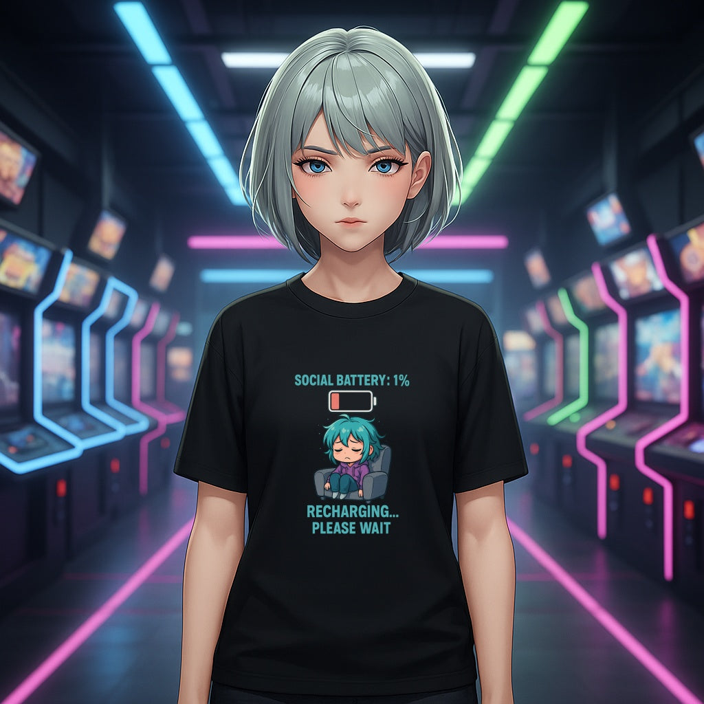 Social Battery 1 Percent Shirt Cute Anime Introvert Tee Funny Kawaii Chibi T Shirt for Low Energy Days Cozy Gift Idea
