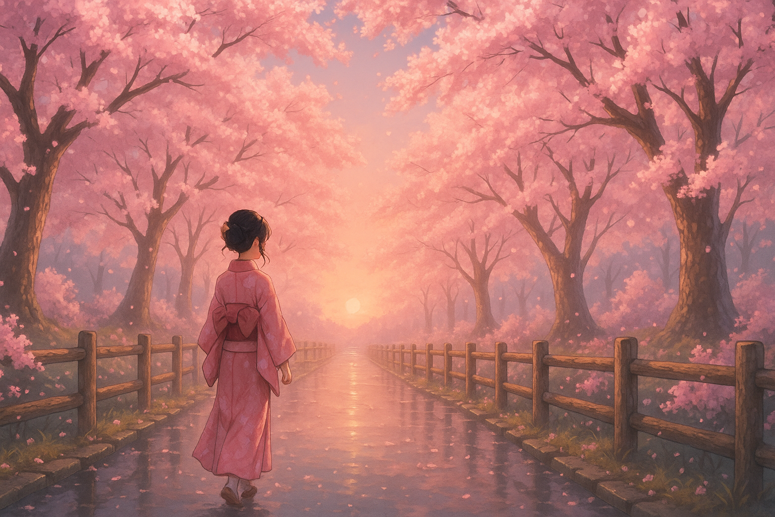 Anime Poster Kimono Woman Walking Under Cherry Blossoms at Sunset