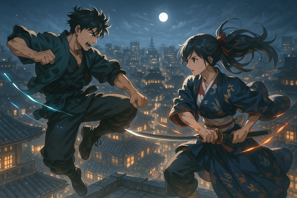 Anime Samurai Duel Poster, Night Battle on Rooftops Under the Moon