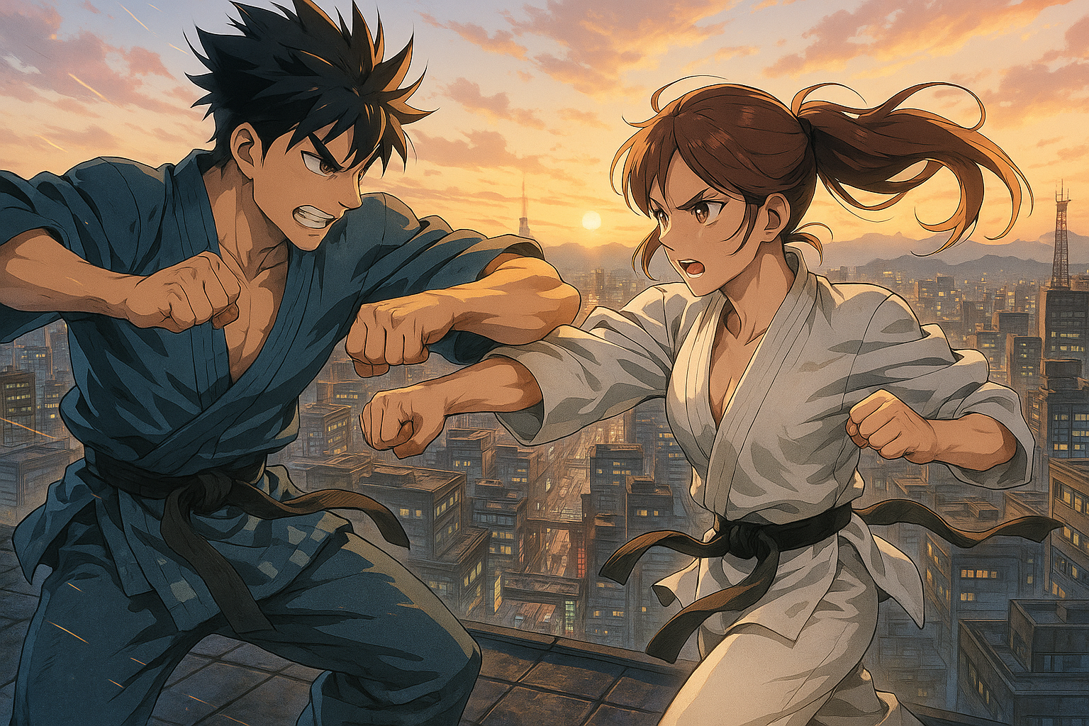 Dynamic Anime Martial Arts Showdown Poster, Karate Fighters at Sunset Cityscape Wall Art