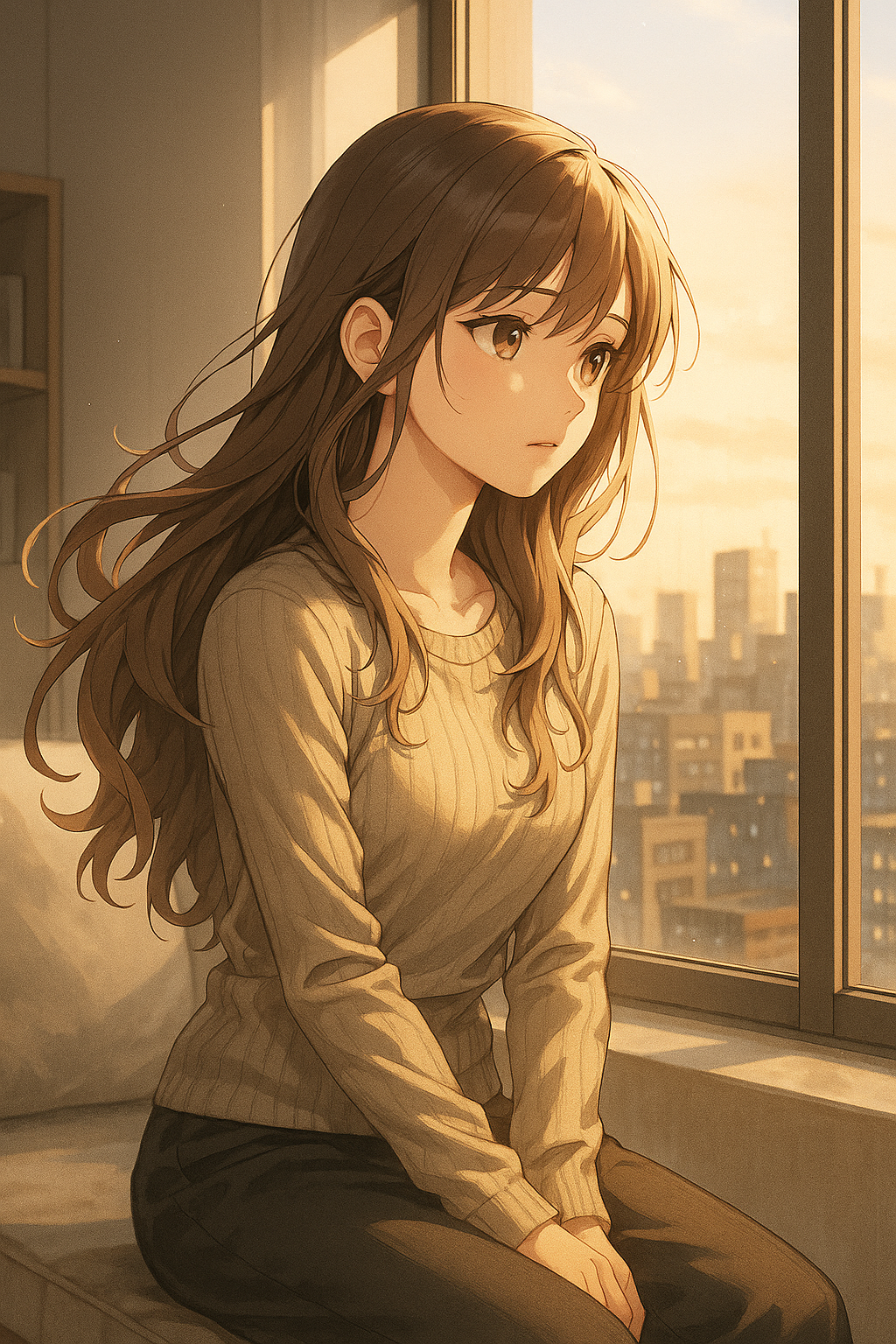 Anime Girl Sunset Wall Art Poster, Japanese Style Aesthetic Home Decor, City View Print, Cozy Room Art Gift Idea, Urban Anime Bedroom Decor