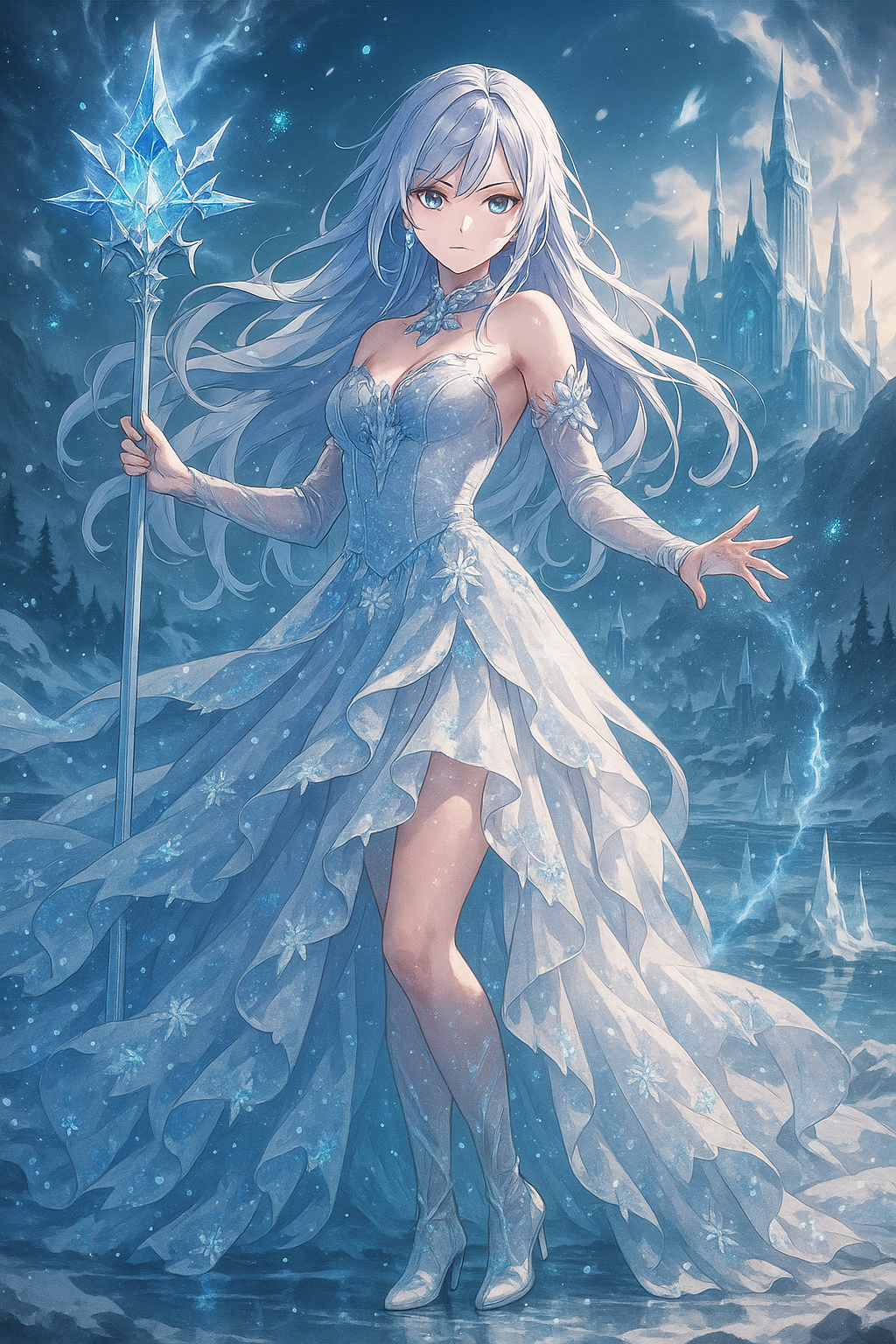 Anime Ice Sorceress Poster Fantasy Snow Queen Wall Art Magical Winter Artwork Enchanted Crystal Staff Print for Otaku and Gamer Decor
