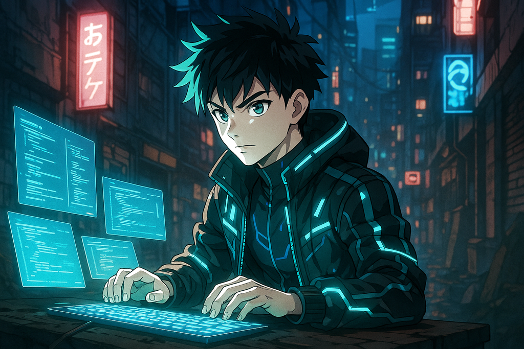 Cyberpunk Anime Hacker Poster: Neon City Sci-Fi Wall Art