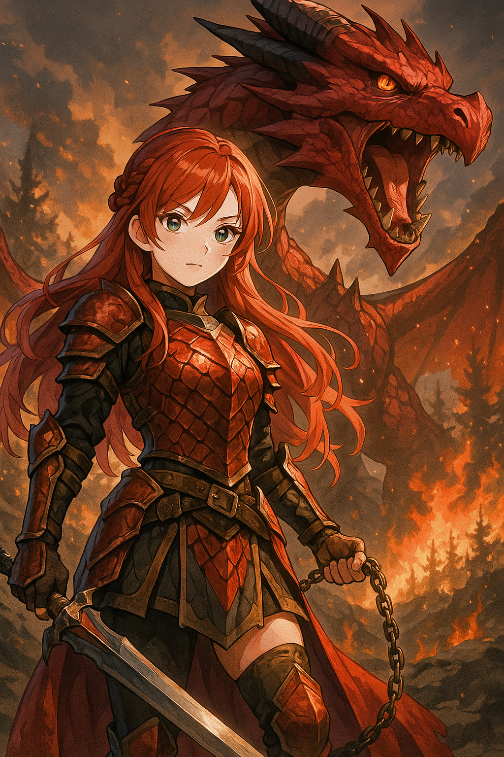 Anime Female Warrior and Dragon Art Print: Fantasy Poster (24"x36")
