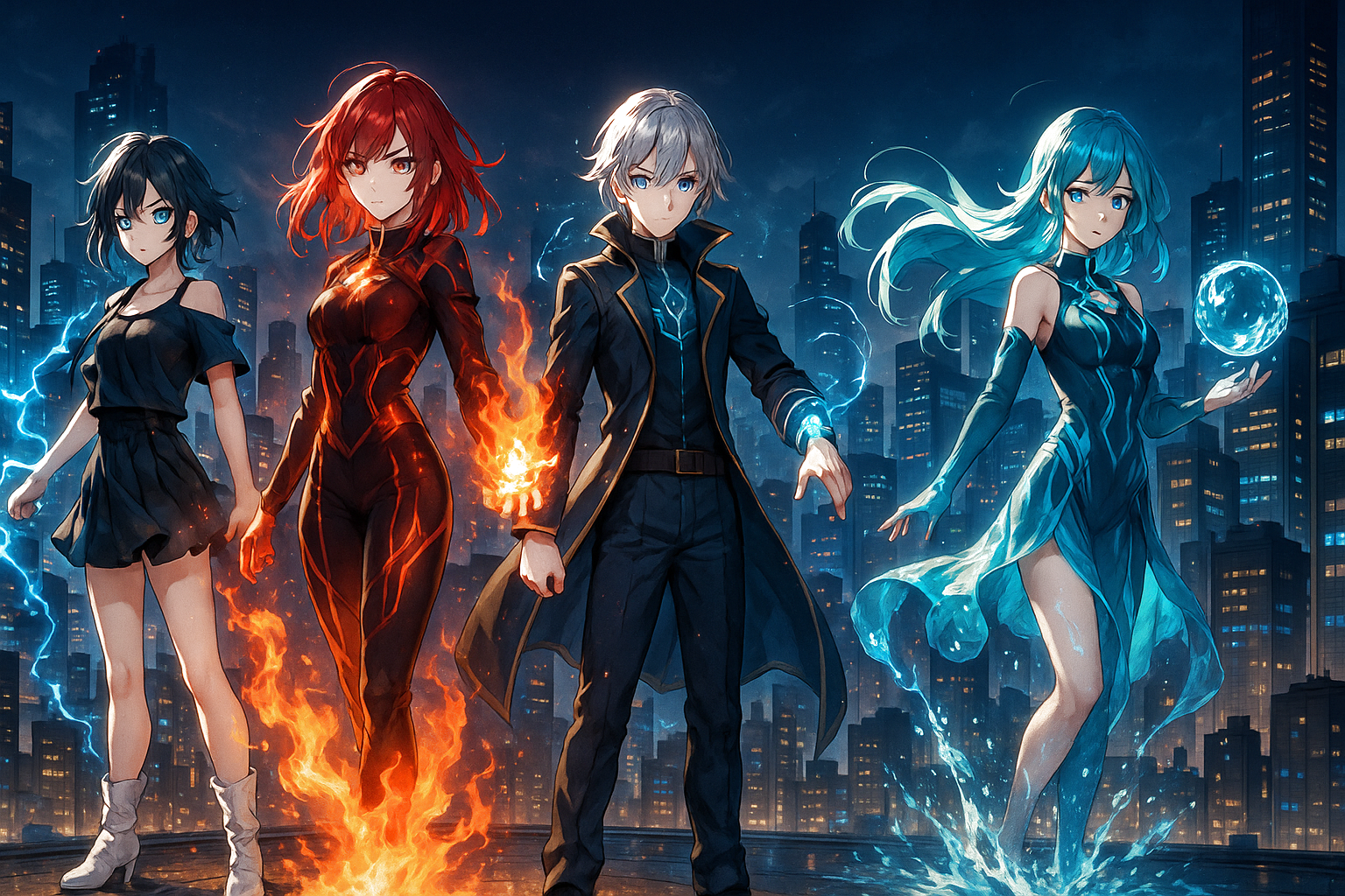 Anime Elemental Powers Poster: Magic Heroes Team Wall Art