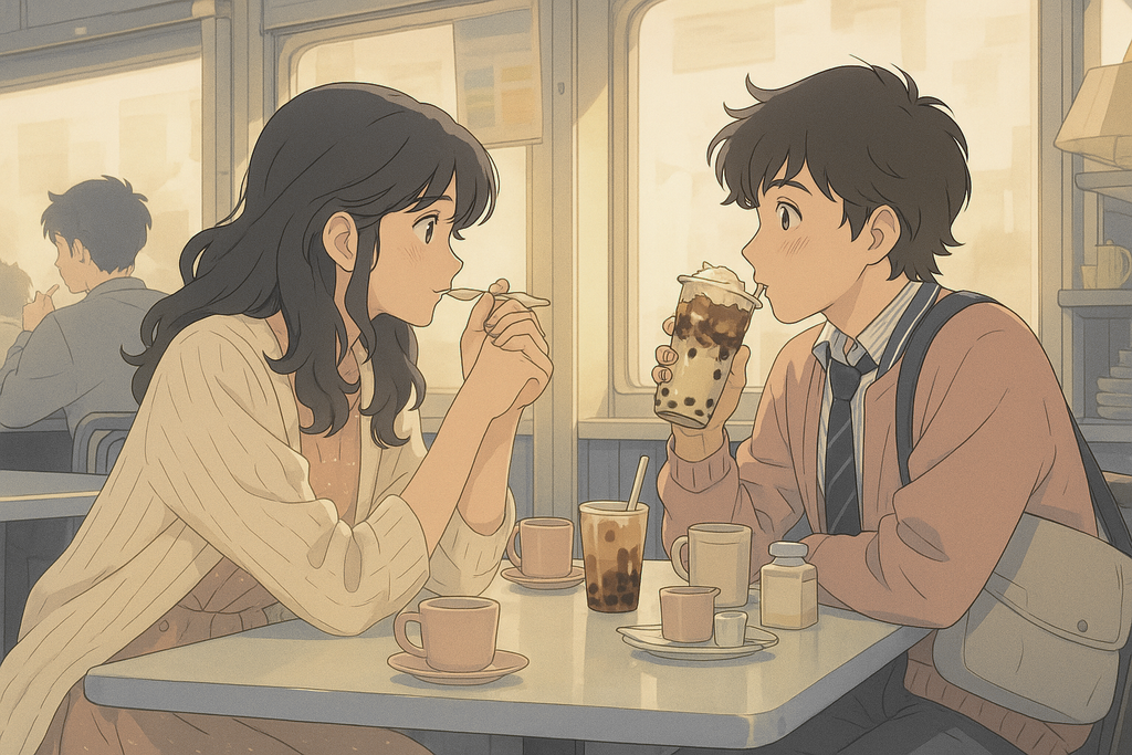 Anime Couple Poster: Cozy Cafe Bubble Tea Print