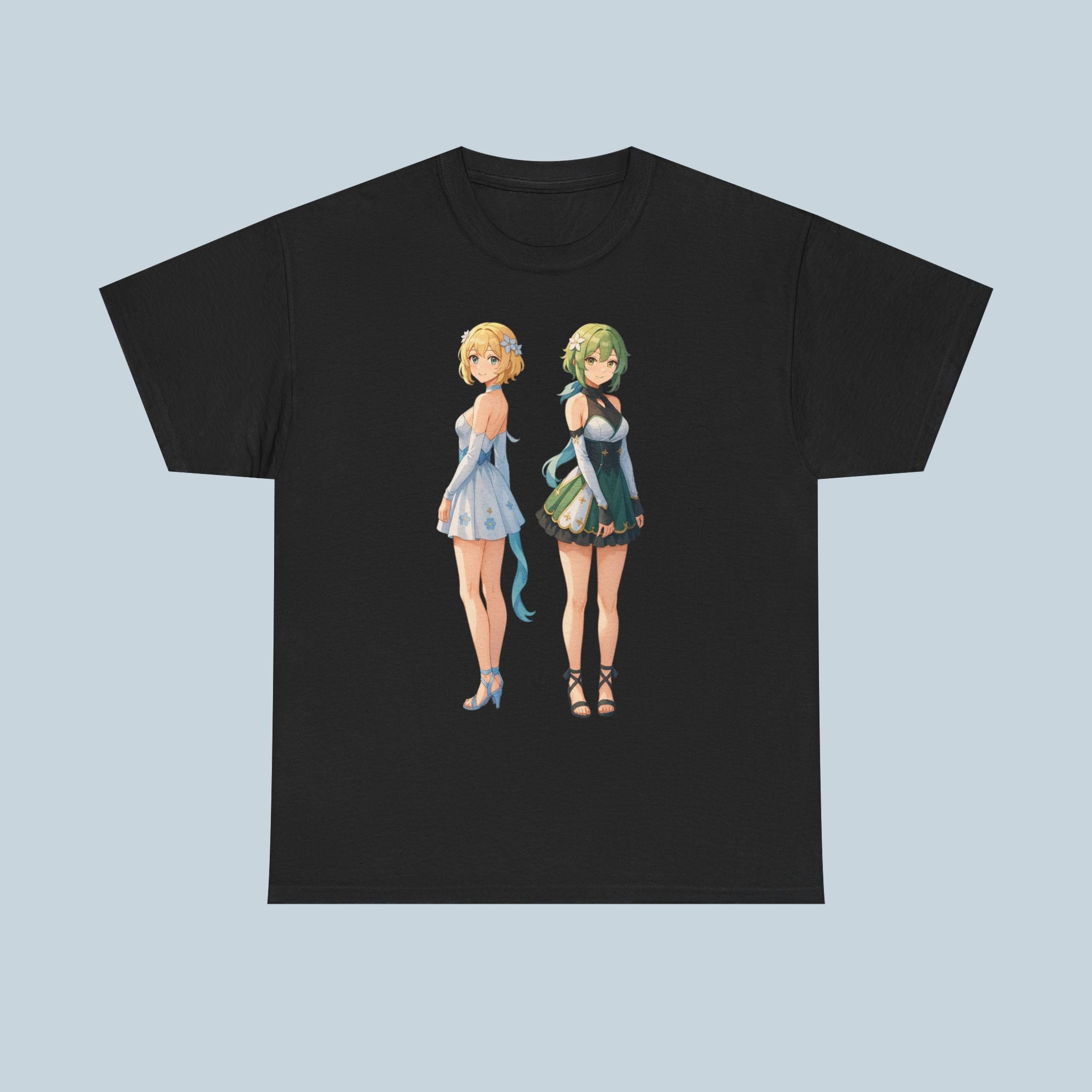 Anime Girl Duo T-Shirt, Fantasy Flower Dress Aesthetic Tee, Cute Anime Shirt for Otaku & Fans
