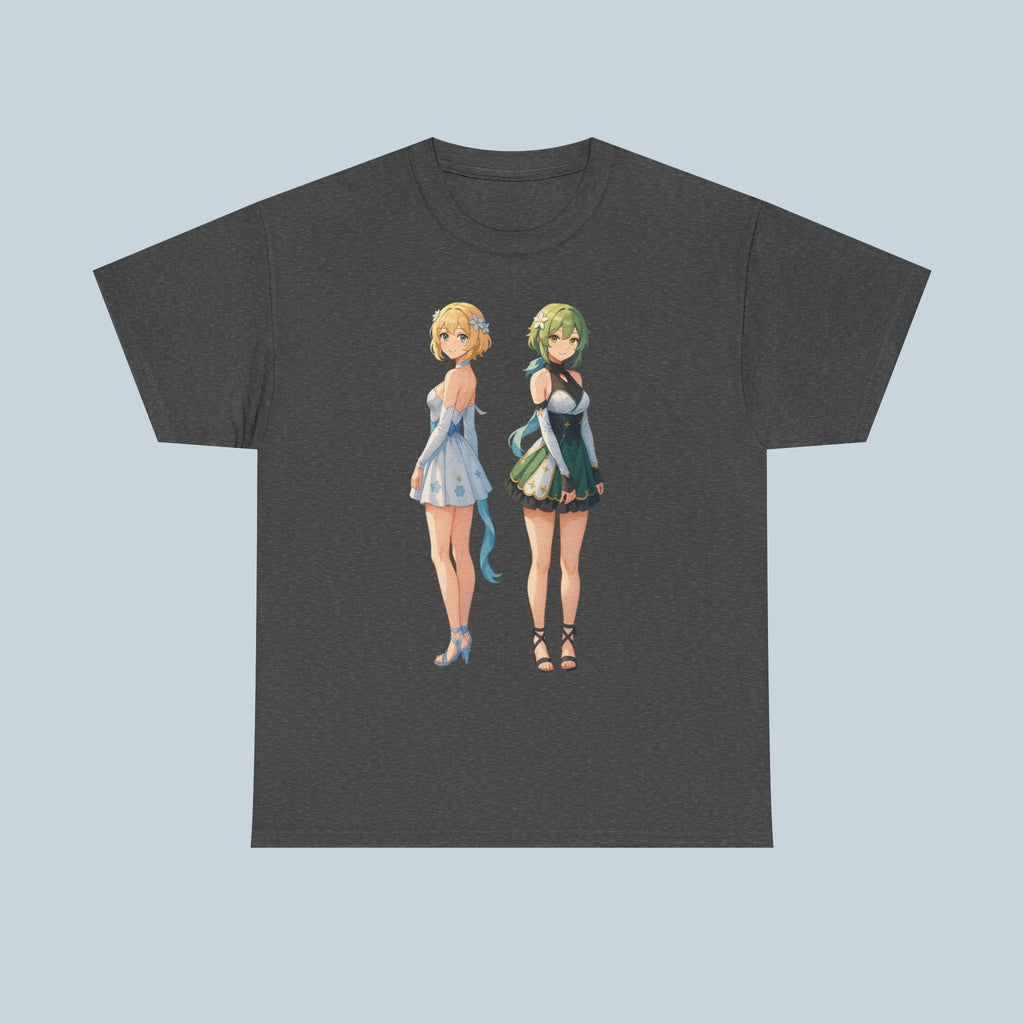Anime Girl Duo T-Shirt, Fantasy Flower Dress Aesthetic Tee, Cute Anime Shirt for Otaku & Fans