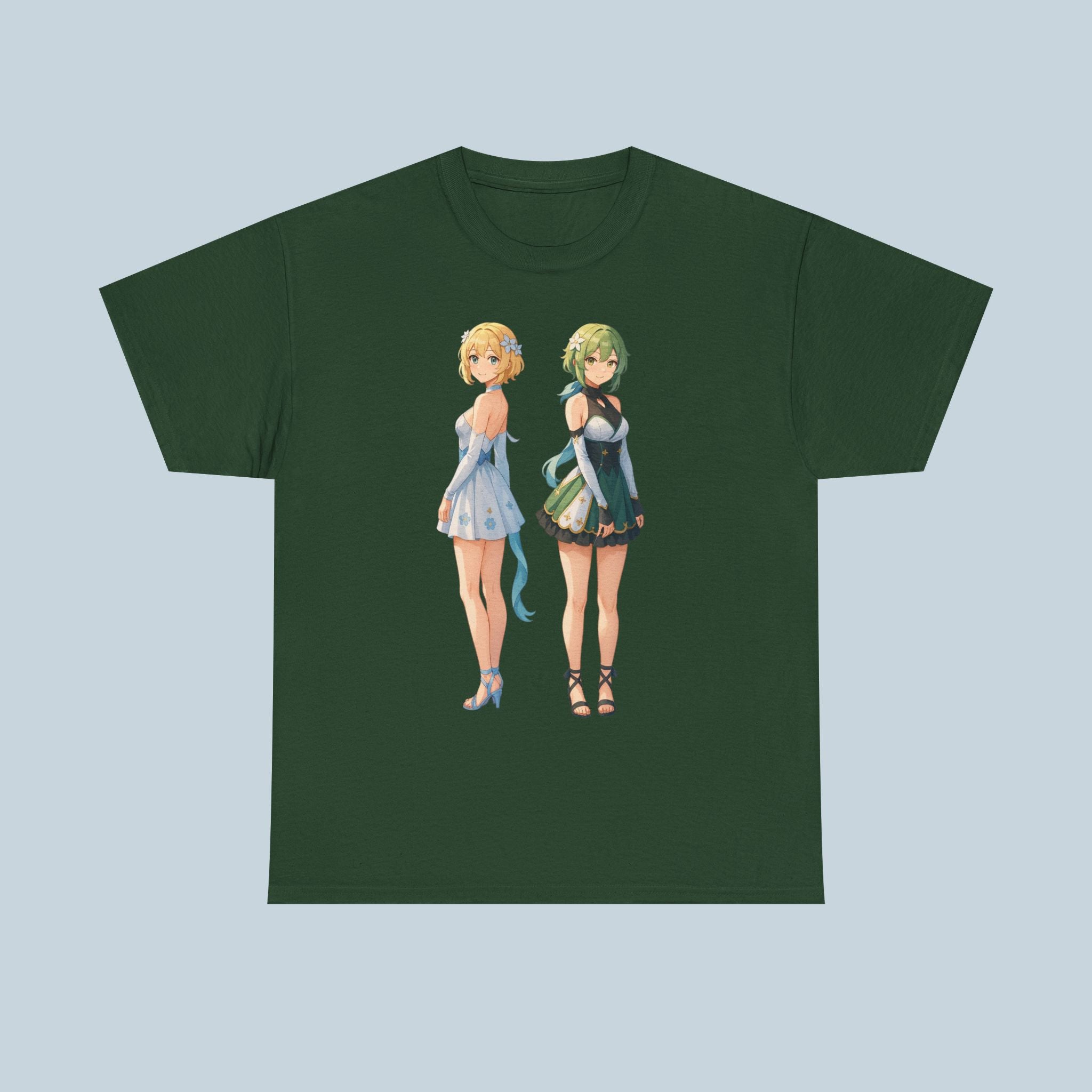 Anime Girl Duo T-Shirt, Fantasy Flower Dress Aesthetic Tee, Cute Anime Shirt for Otaku & Fans