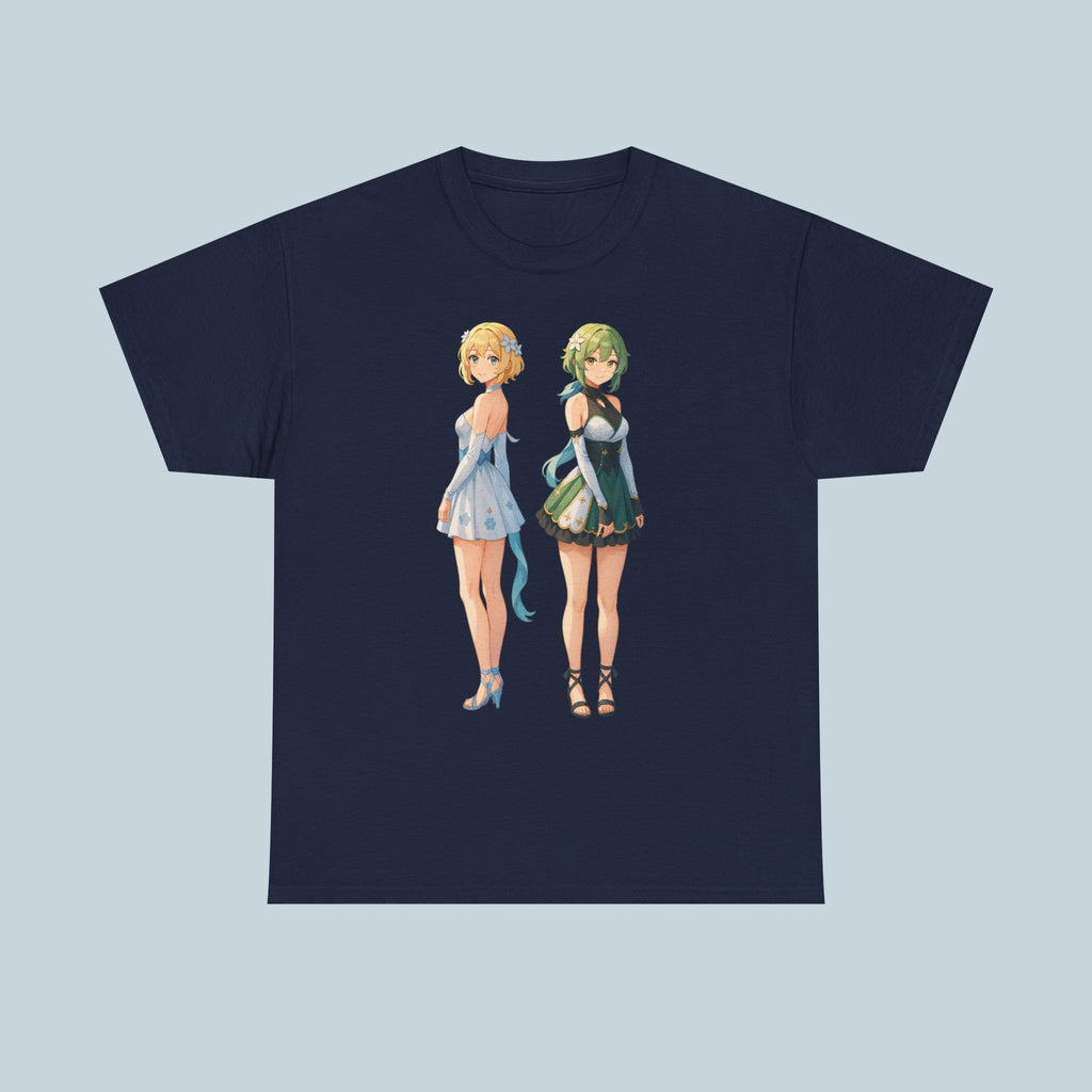 Anime Girl Duo T-Shirt, Fantasy Flower Dress Aesthetic Tee, Cute Anime Shirt for Otaku & Fans