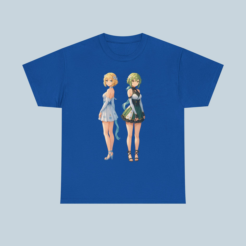 Anime Girl Duo T-Shirt, Fantasy Flower Dress Aesthetic Tee, Cute Anime Shirt for Otaku & Fans