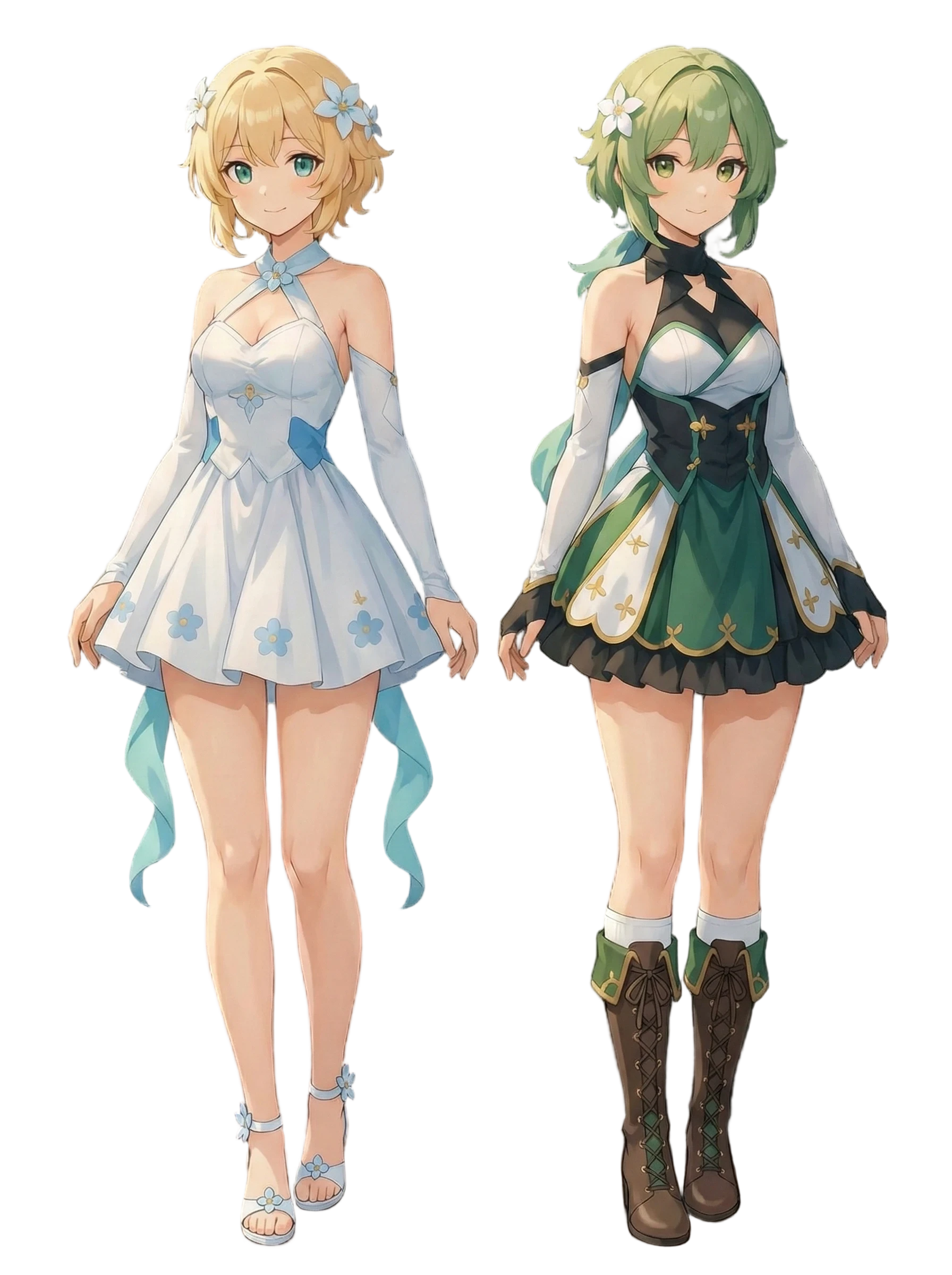 Two animated characters in colorful outfits on a white background