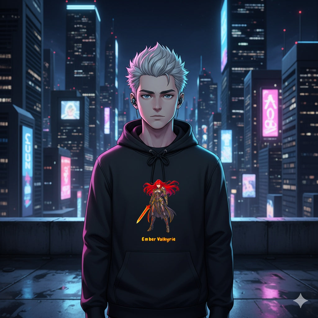 Anime Ember Valkyrie Hoodie Fire Sword Warrior Girl Streetwear Flame Aura Neon Glow Gift for Anime Lovers and Gamers