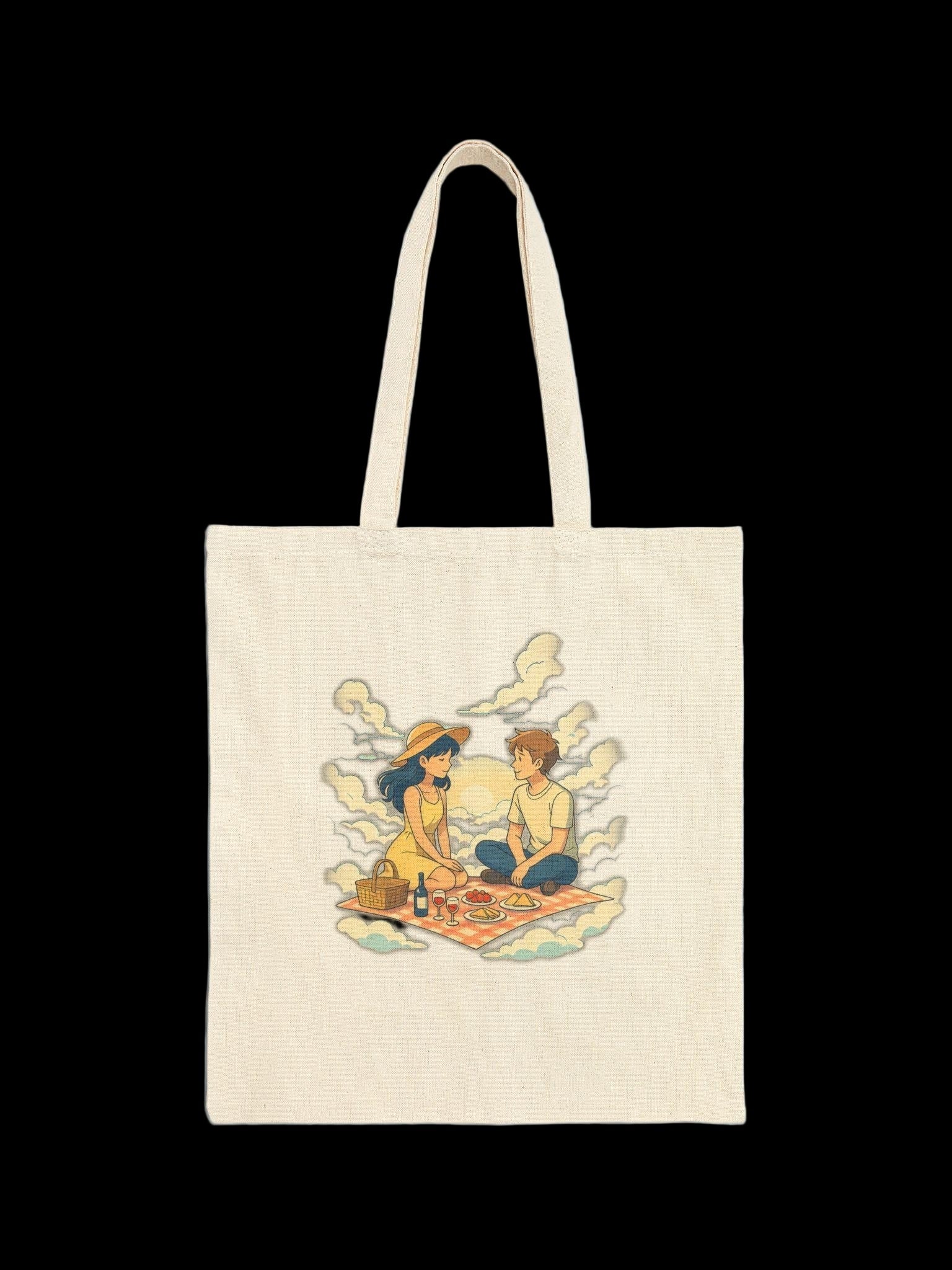 Anime Picnic Couple Tote Bag Romantic Aesthetic Date Art Cute Black Canvas Bag Gift for Anime Fans and Nature Lovers