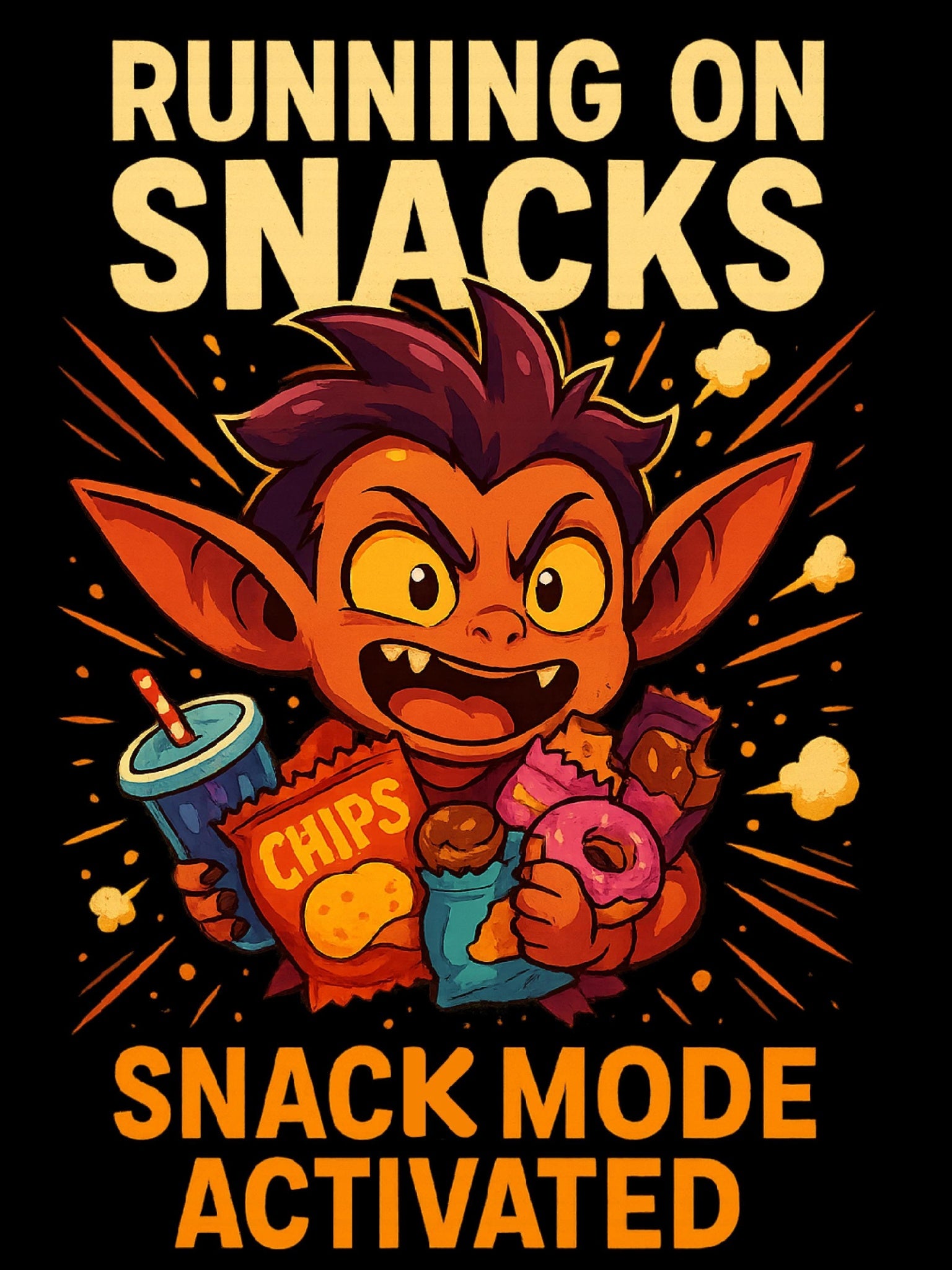 Funny Snack Mode T Shirt for Gamers and Food Lovers, Running on Snacks Graphic Tee, Snack Attack Shirt for Men Women Kids