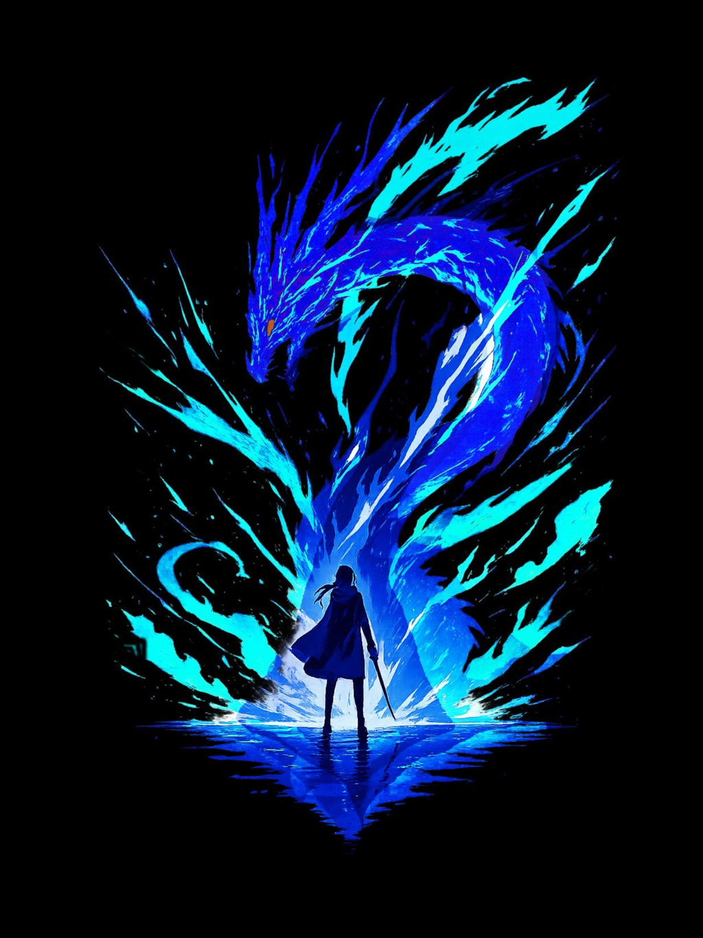 Blue Dragon Spirit Anime T Shirt Neon Fire Fantasy Graphic Tee for Gamers and Anime Fans