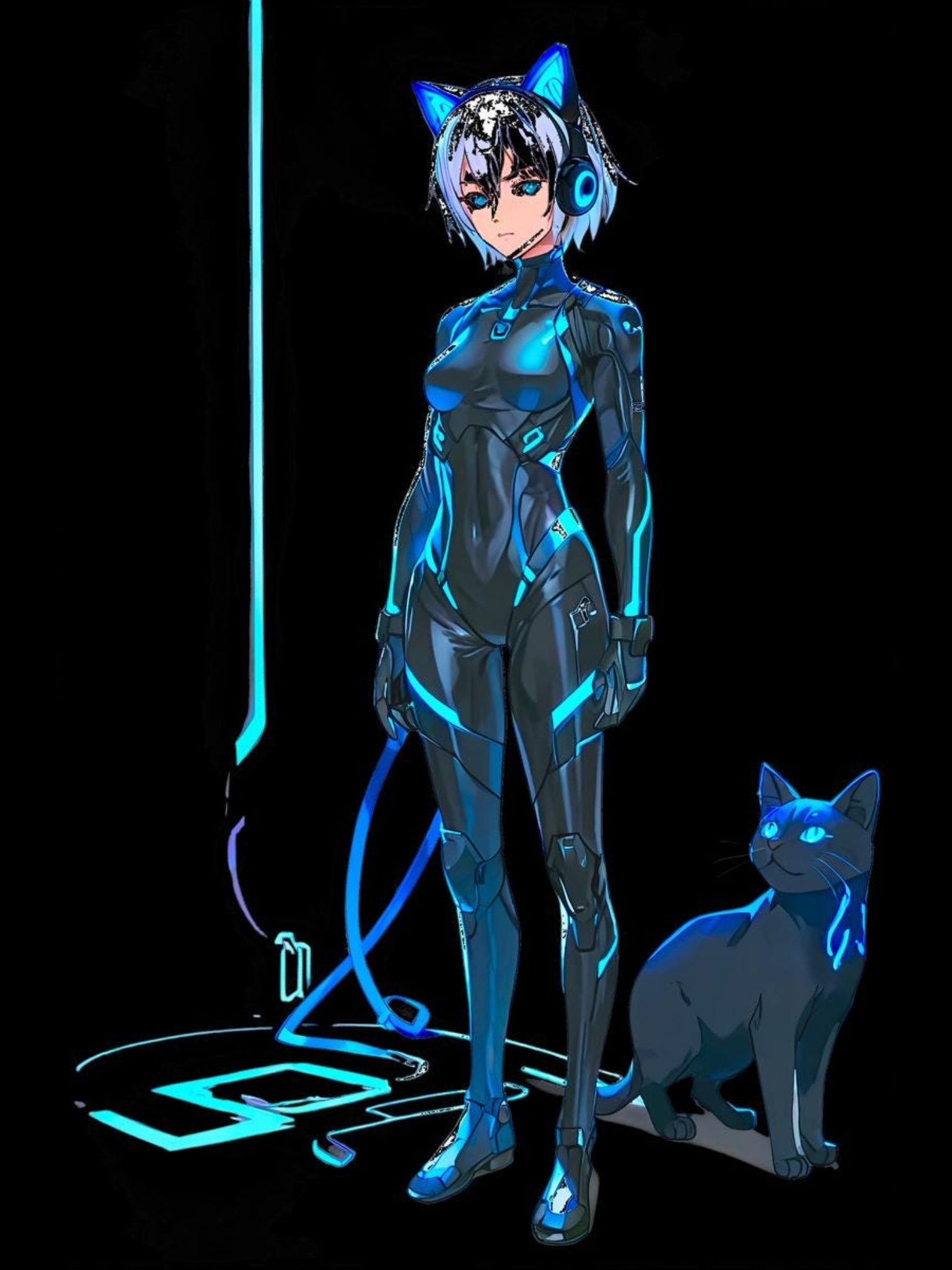 Cyberpunk Cat Girl Hoodie Neon Blue Techwear Streetwear Futuristic Anime Gamer Gift for Cat Lovers