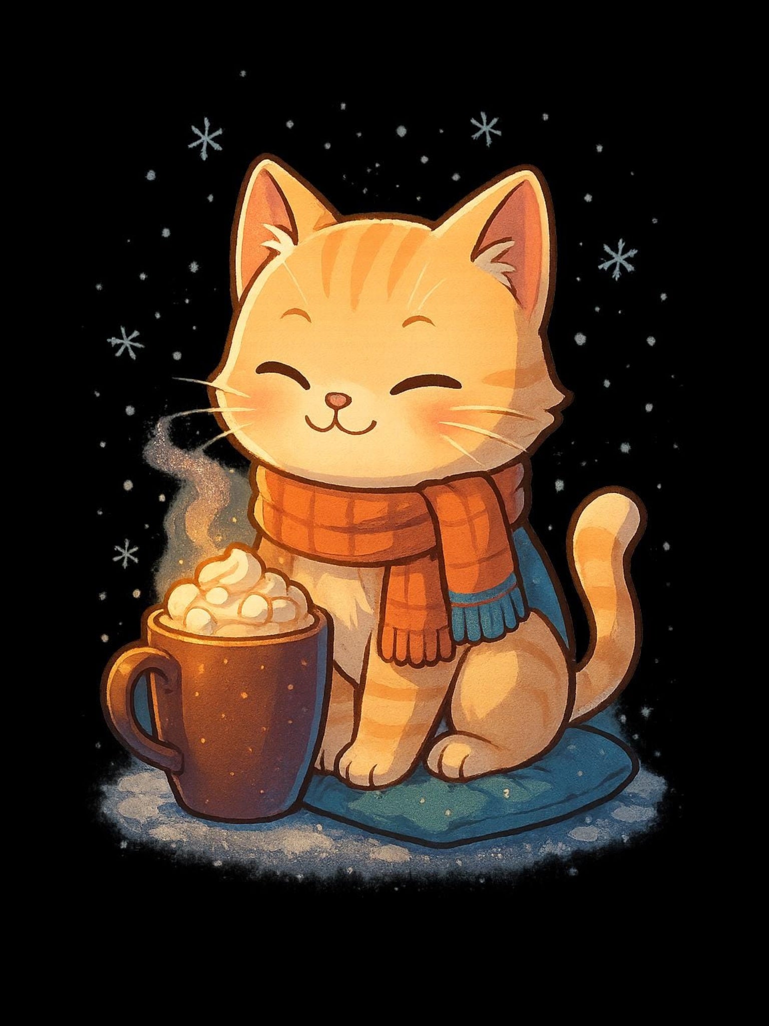 Cozy Winter Cat Sweatshirt | Anime Orange Tabby on Sand Crewneck | Hot Cocoa & Snowflakes Graphic | Gift for Cat and Anime Lovers