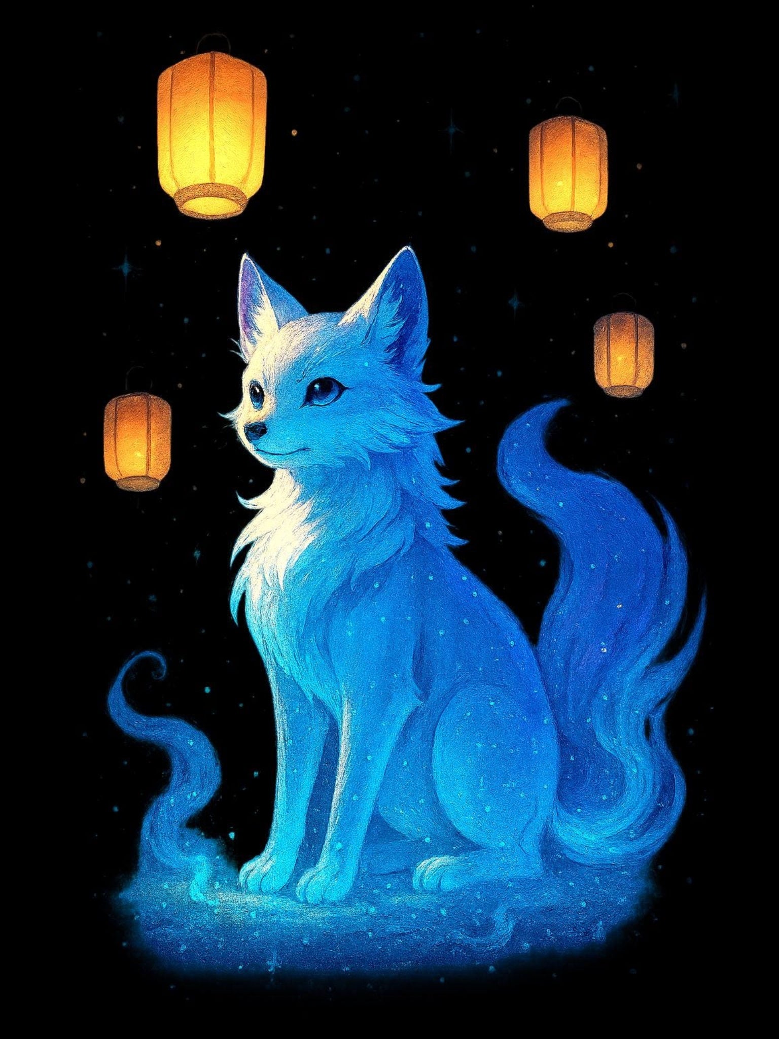 Blue Spirit Fox Sweatshirt Anime Fantasy Gift Cozy Lantern Night Sky Apparel for Anime Lovers and Gamers