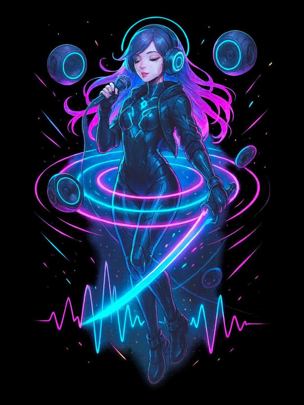 Cyberpunk DJ Girl Sweatshirt Neon Glow Streetwear Techwear Gift for Anime Lovers and Gamers