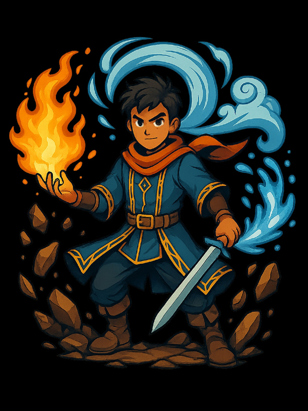 Anime Wizard T-Shirt: Fire and Water Sorcerer, Otaku Gamer Tee