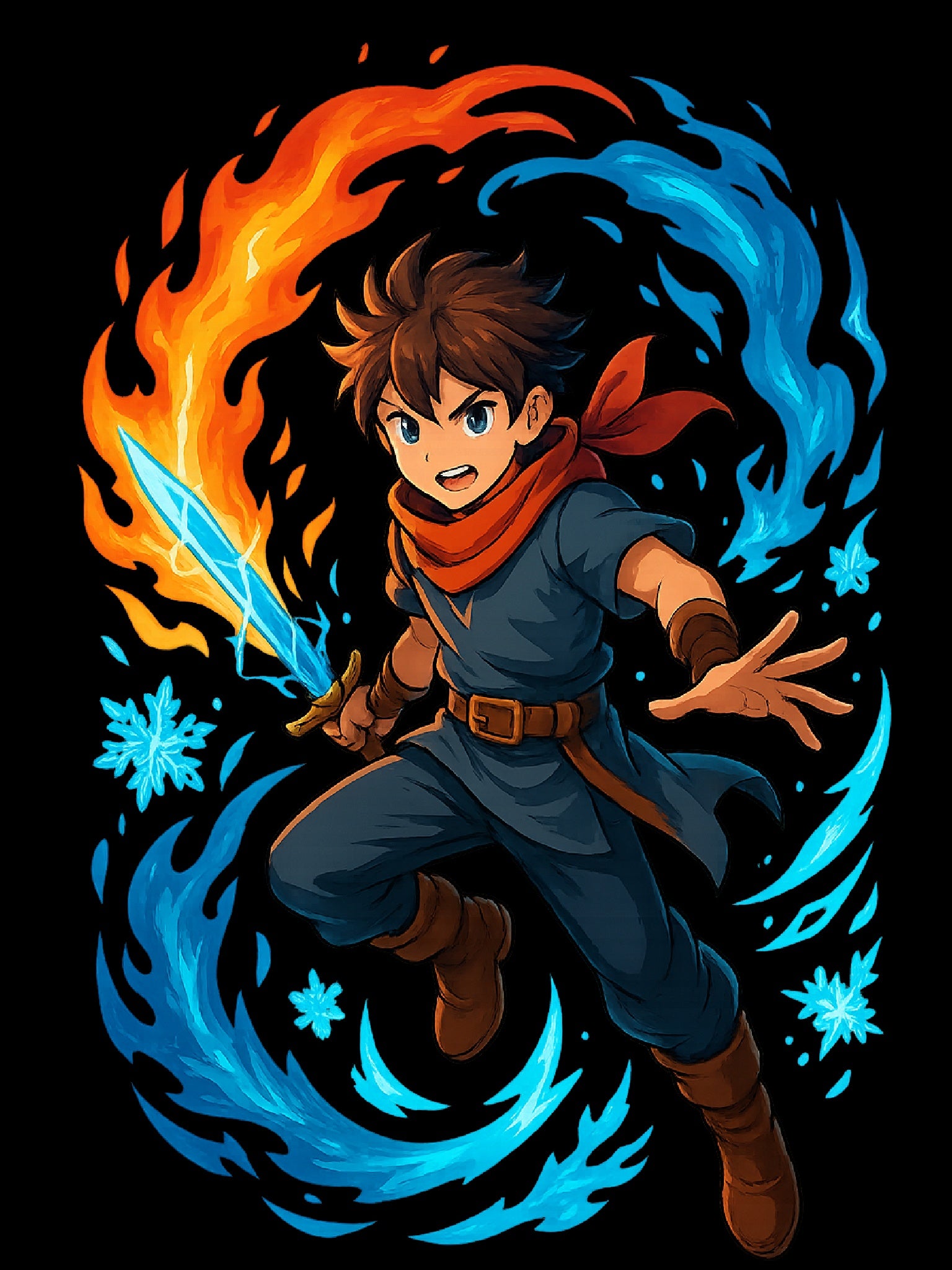 Fire and Ice Anime Wizard T-Shirt: Fantasy Mage Graphic Tee