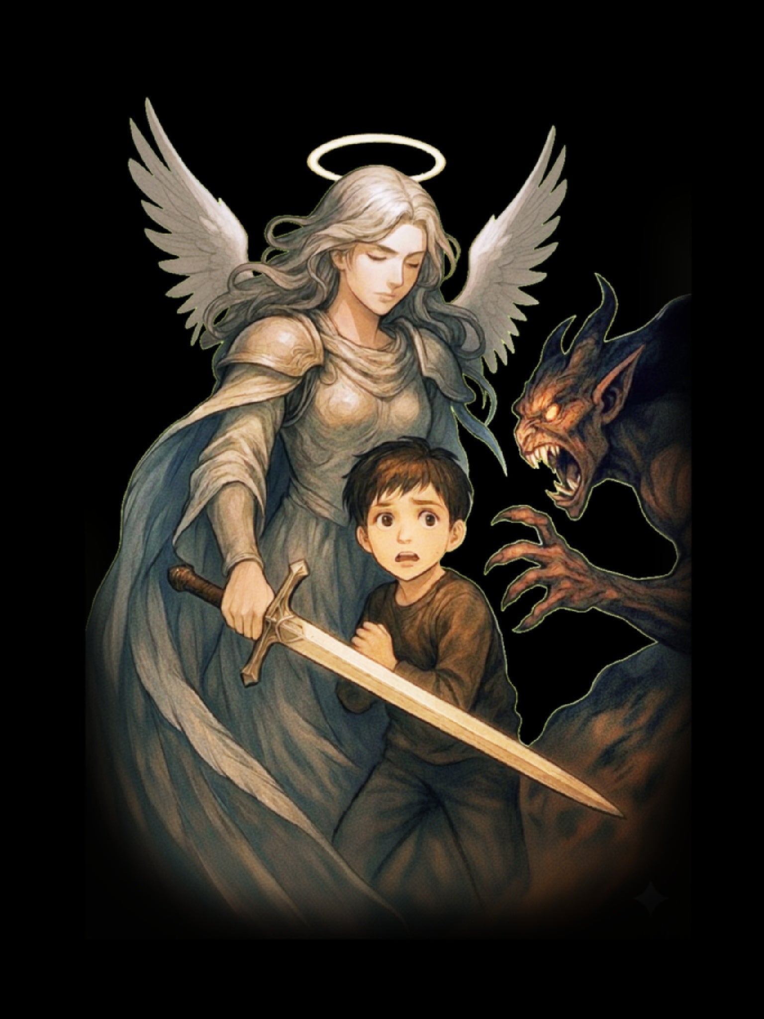 Guardian Angel T-Shirt Christian Anime Art Sword of Protection Shirt for Kids and Parents Spiritual Gift Tee