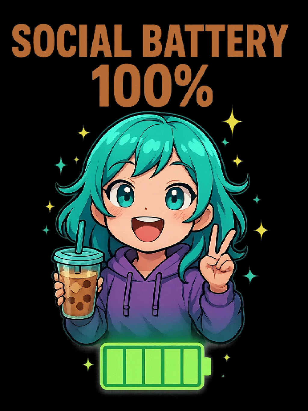Social Battery 100% Anime Shirt Kawaii Boba Tea T-Shirt Cute Funny Gift for Anime Lovers and Introverts