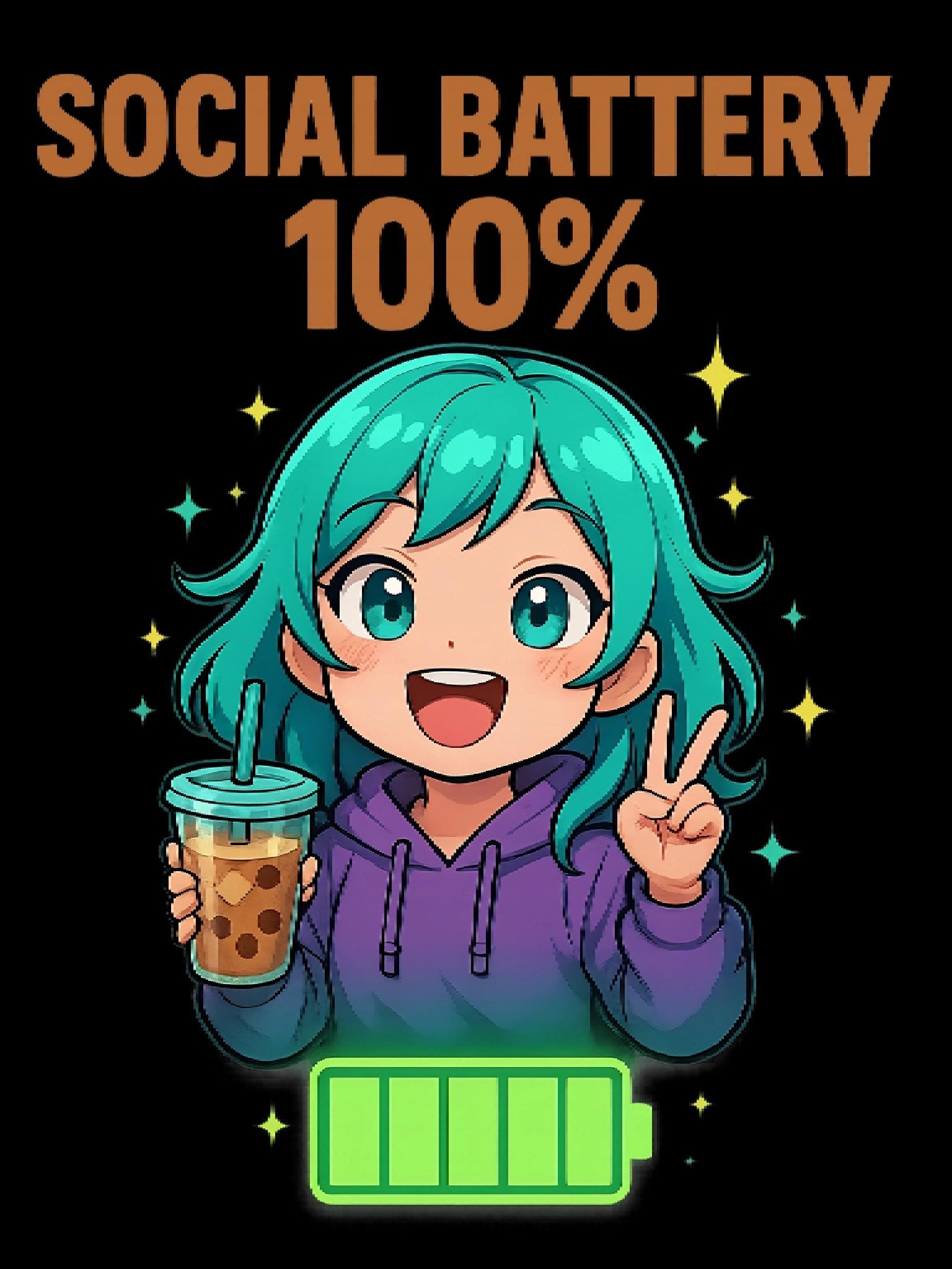 Social Battery 100% Anime Shirt Kawaii Boba Tea T-Shirt Cute Funny Gift for Anime Lovers and Introverts