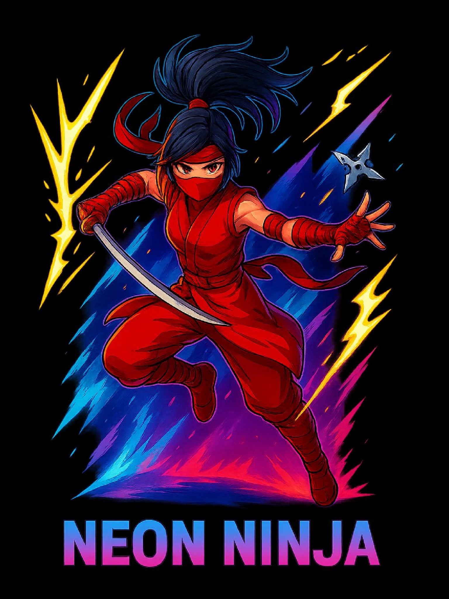 Neon Ninja Anime T-Shirt Red Lightning Warrior Cool Streetwear Gift for Anime Fans and Gamers