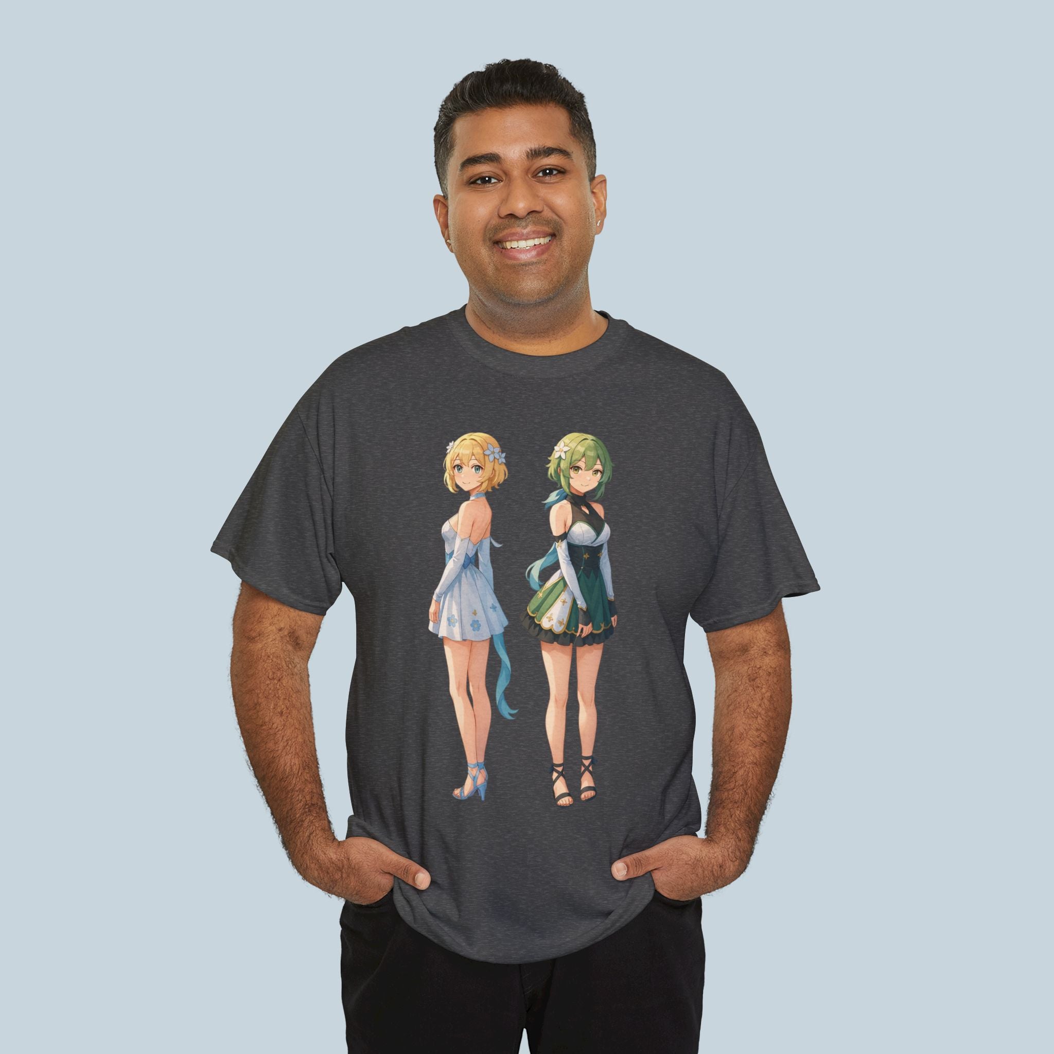 Anime Girl Duo T-Shirt, Fantasy Flower Dress Aesthetic Tee, Cute Anime Shirt for Otaku & Fans
