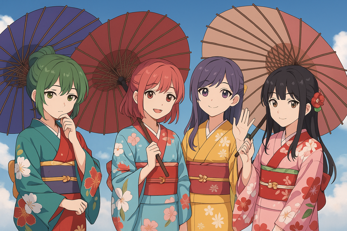 Vibrant Anime Poster Girls in Kimono with Parasols Japanese Festival Art Print