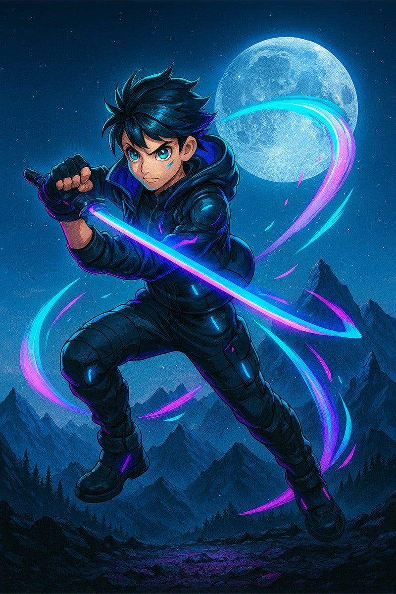 Anime Ninja Poster Cyber Samurai Glow Sword Neon Moon Night Scene Wall Art for Gamers Teens Bedroom Decor Gift for Anime Fans
