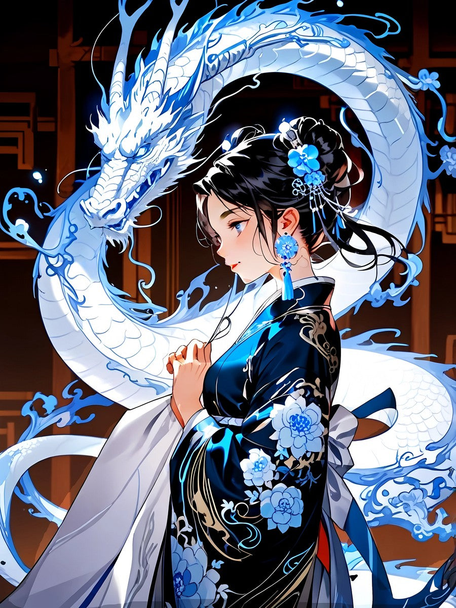 Blue Dragon Anime Girl Sherpa Blanket Elegant Kimono Spirit Beast Cozy Soft Gift for Anime Lovers Chinese Fantasy Room Decor