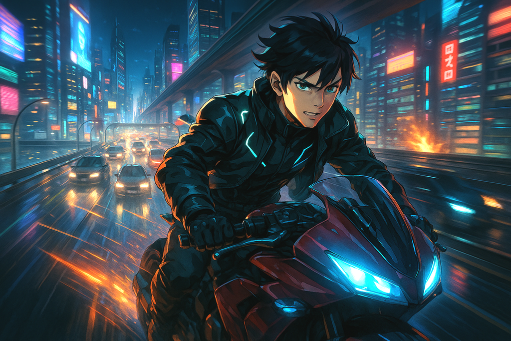 Anime Cyberpunk Motorcycle Poster: Giclée Art Print